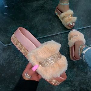 Fuzzy faux fur sanders with sparkly diamonds.